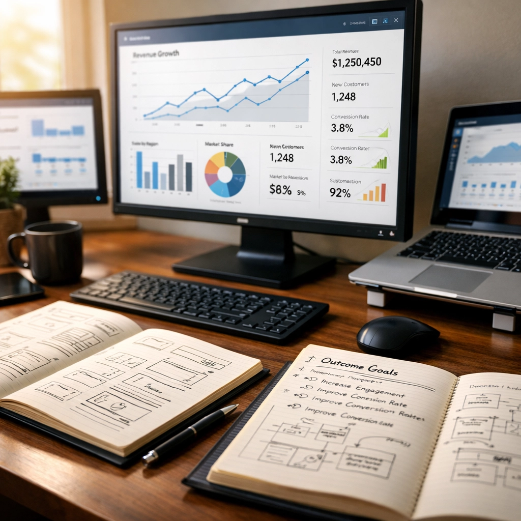 Strategic planning workspace with business metrics dashboards for AI integration consulting