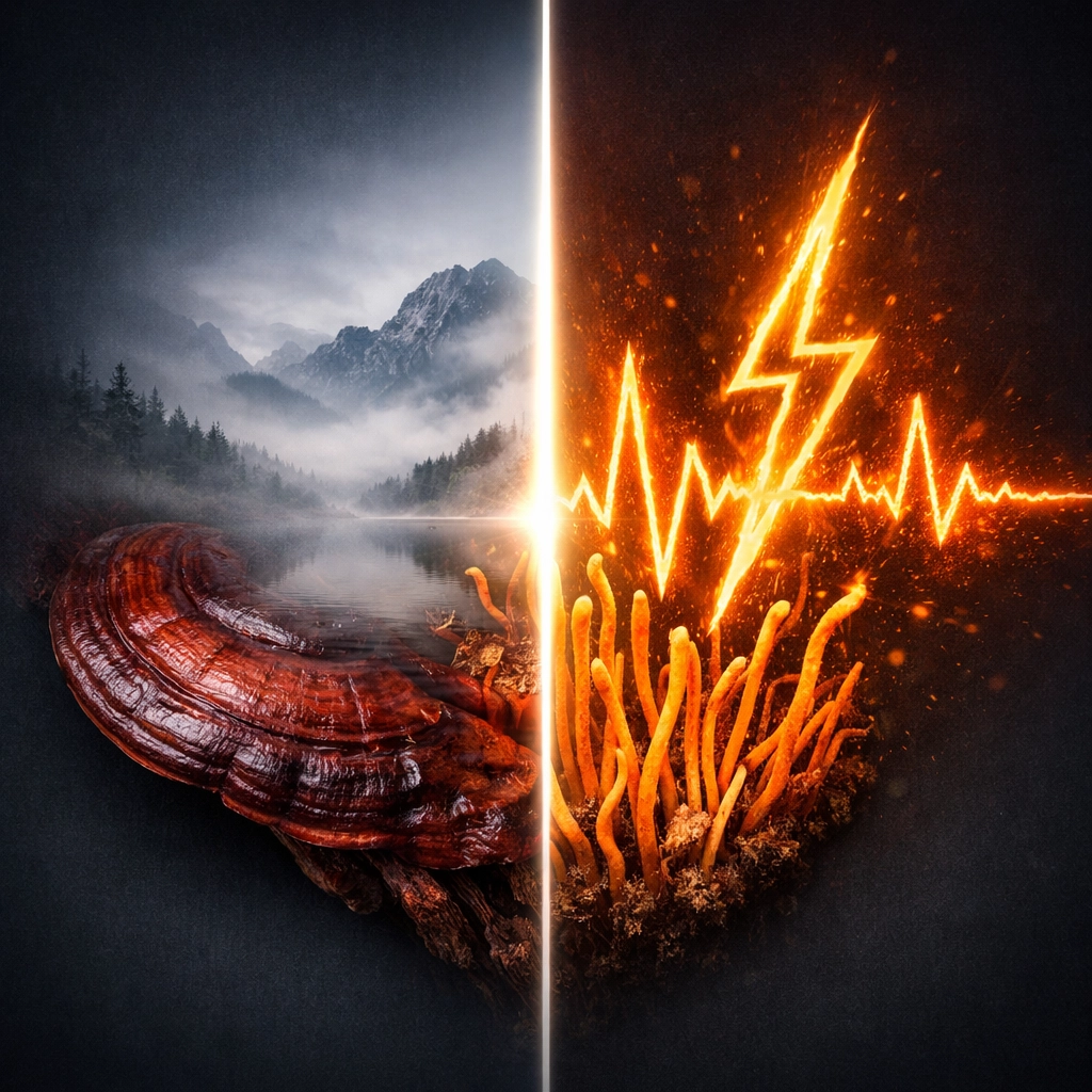 Visualization of Reishi and Cordyceps mushrooms combined for balanced immunity and energy synergy.