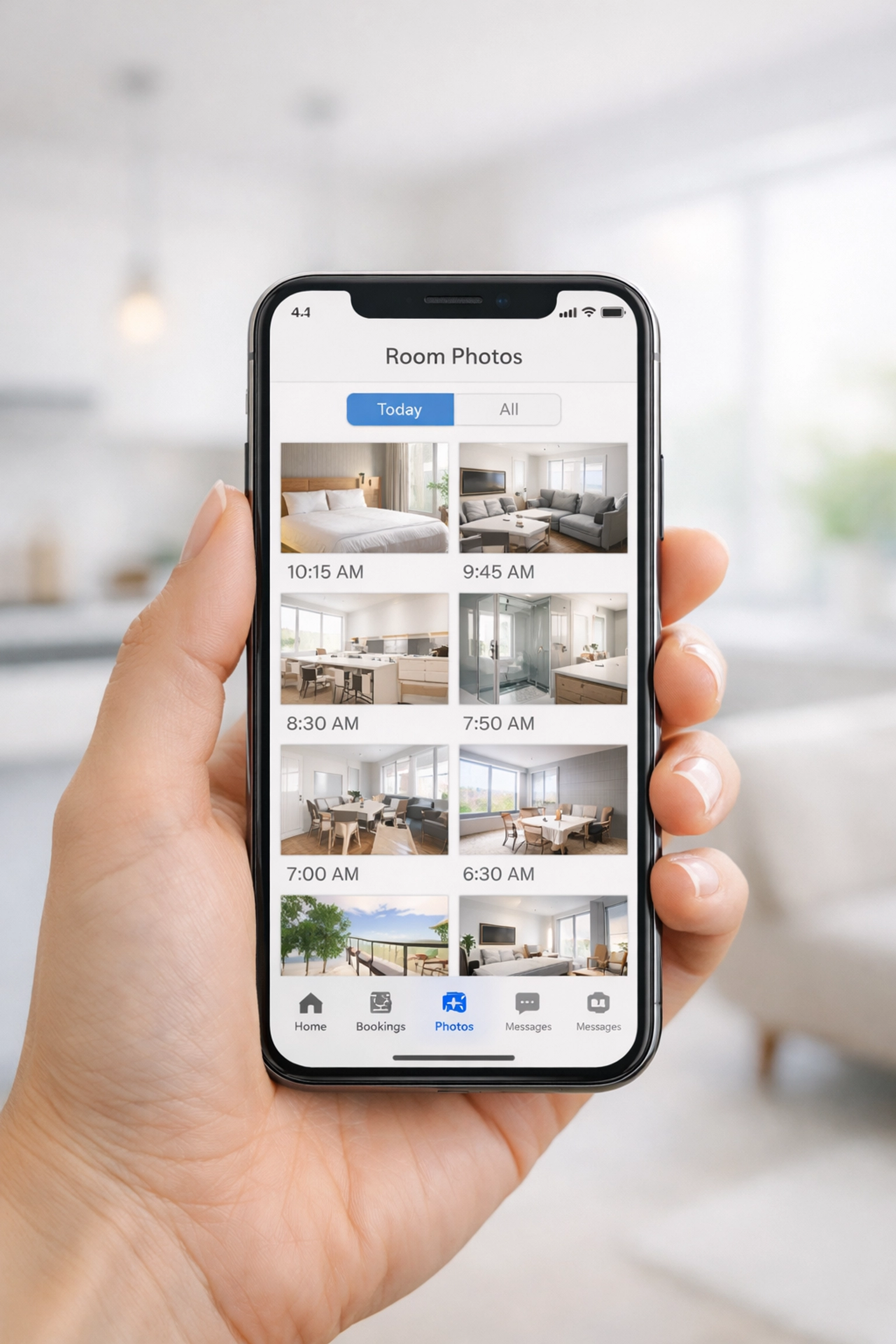 Smartphone displaying timestamped photos of rooms for Airbnb turnover documentation