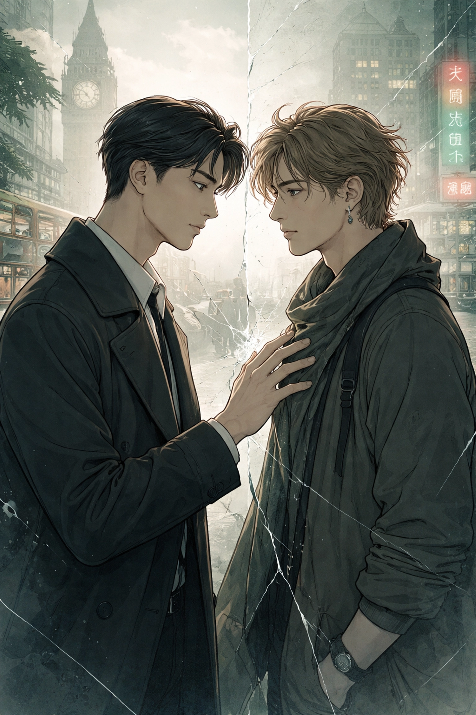 Two men face each other in a tense, emotional moment, symbolizing trust and identity struggle in MM romance set between London and Hong Kong.
