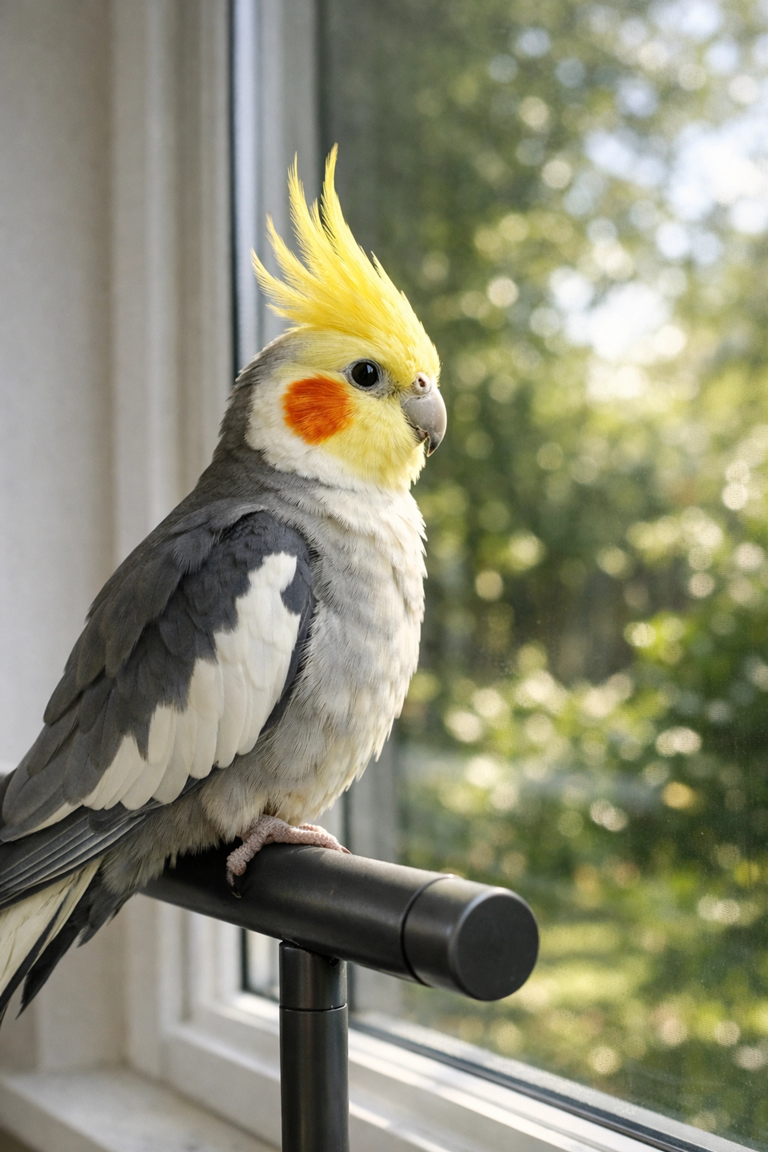Pet Cockatiel sitting near a window for sensory stimulation and mental enrichment at home.