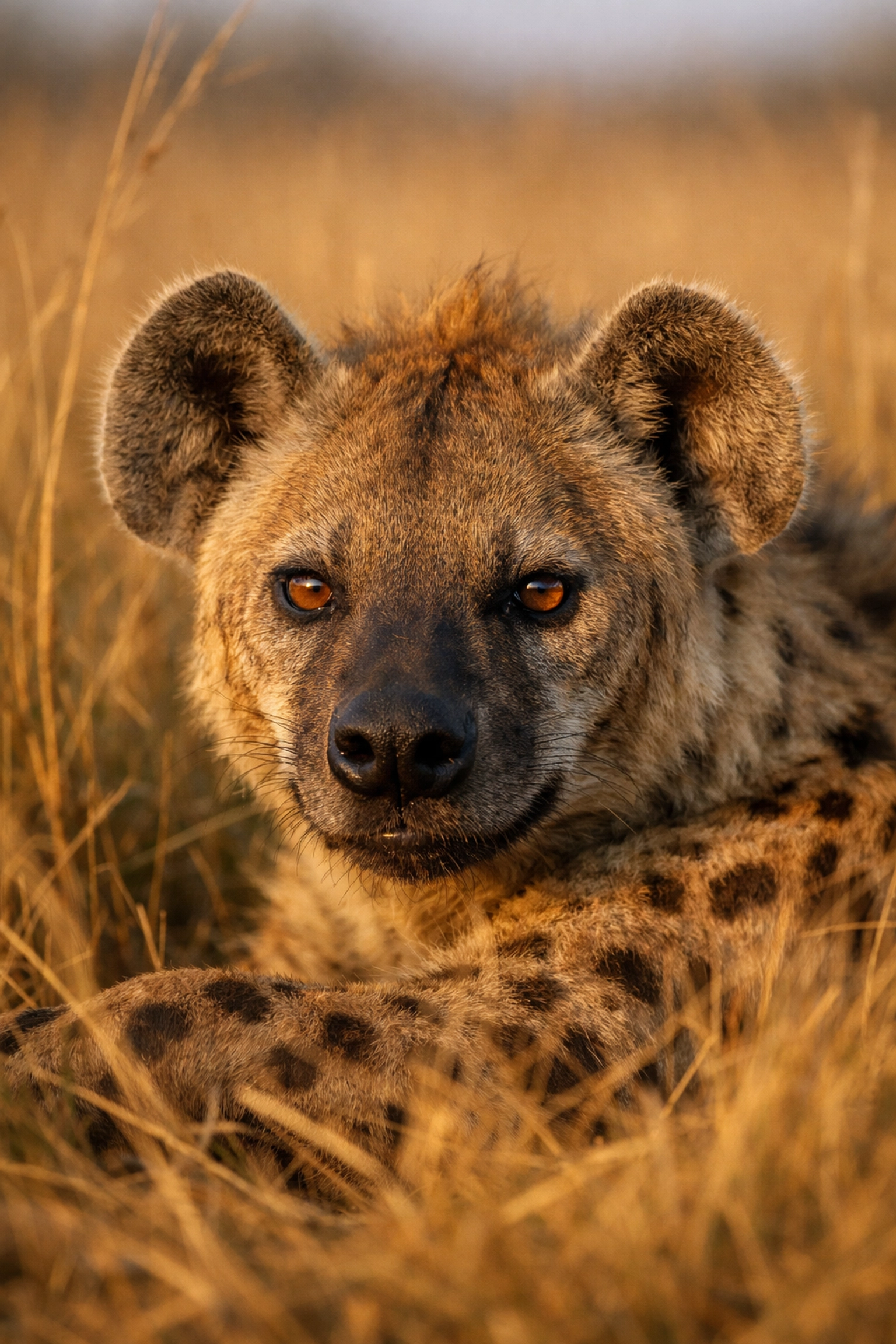 Close-up portrait of a spotted hyena in Serengeti grass, highlighting wildlife biodiversity.