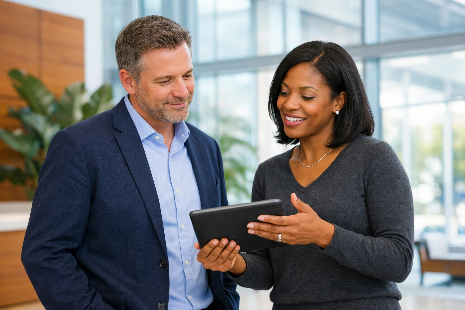 An executive and administrative partner discussing strategic staffing solutions in a modern office.