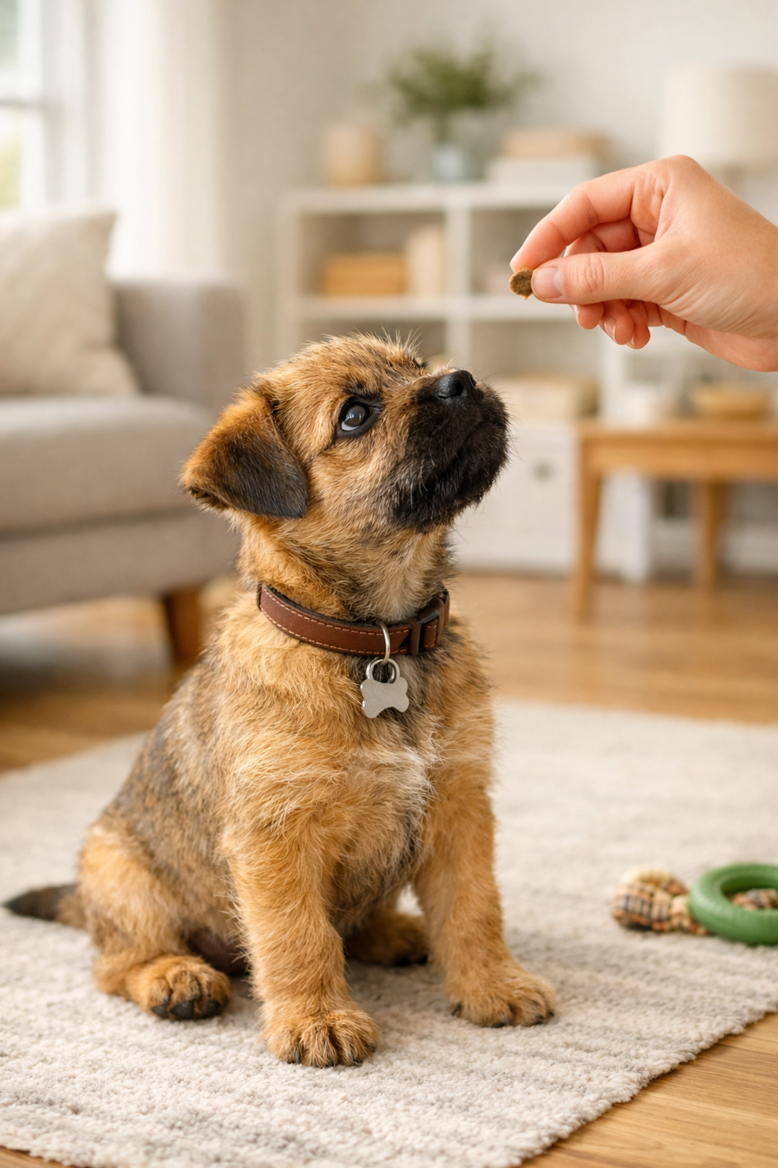 Chiot Border Terrier attentif durant une séance d'éducation à la maison