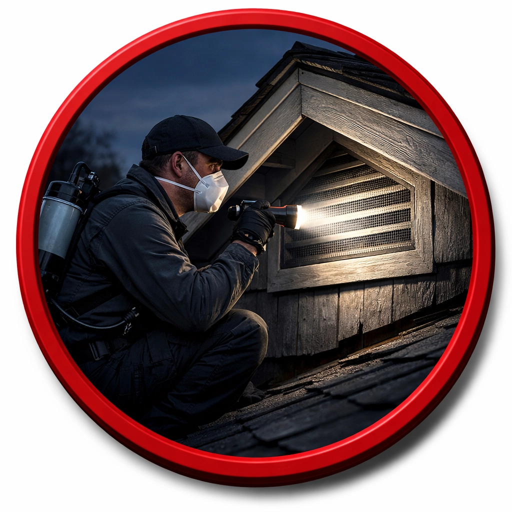 Pest technician inspecting roofline vents at dusk during a full-home pest exclusion inspection