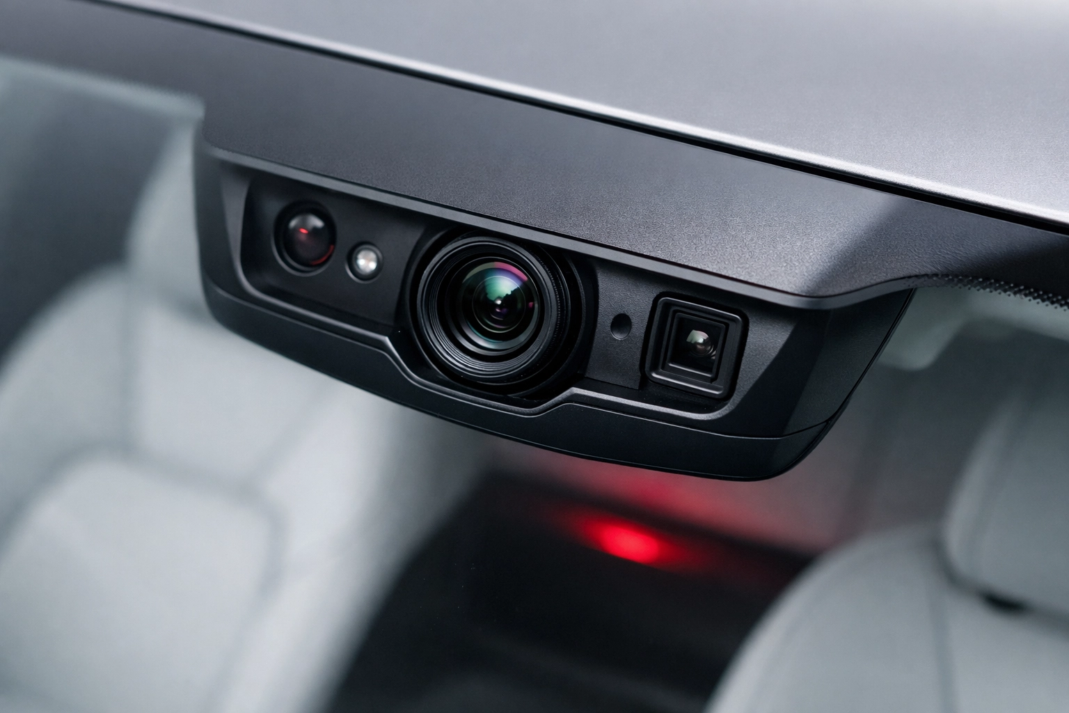 Close-up of ADAS cameras and sensors behind a car windshield needing precise wheel alignment for safety.