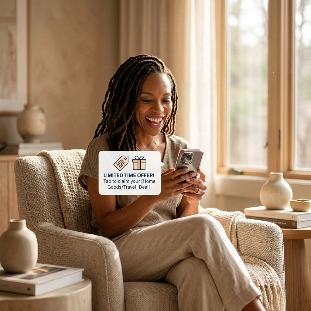 A woman smiling while checking her smartphone for the latest digital coupons