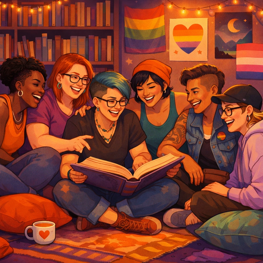 Diverse LGBTQ+ readers sharing queer fiction in a cozy, community-focused setting with a found family vibe.