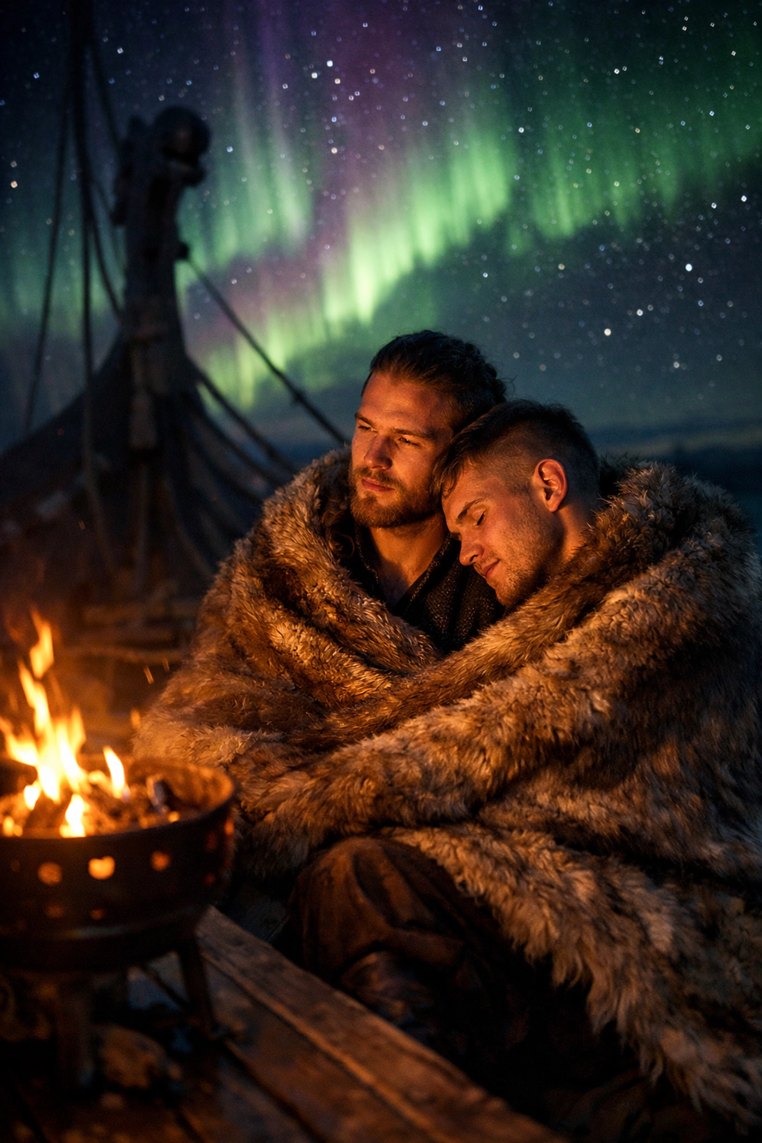 Two Viking men sharing fur blanket under northern lights on longship at night