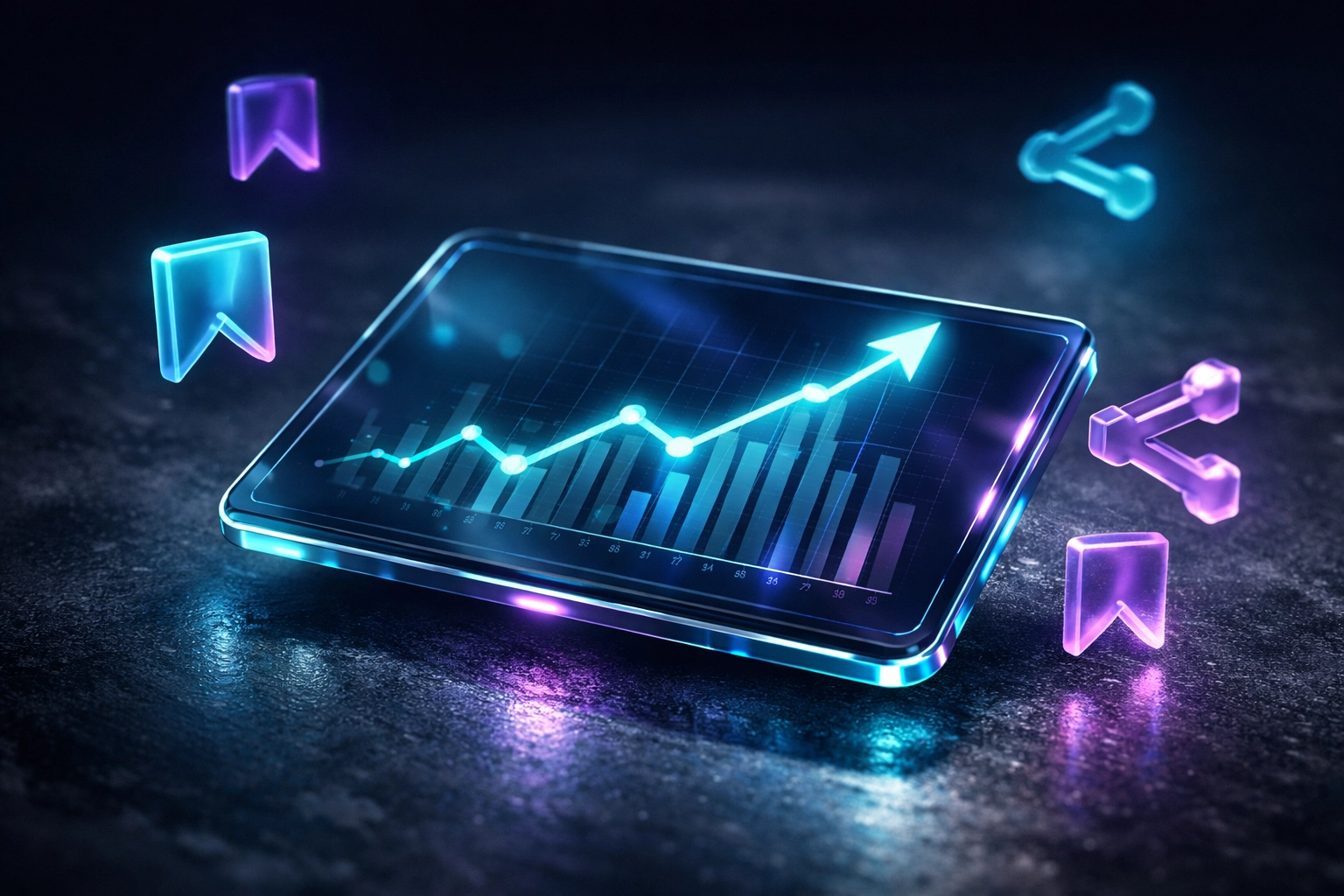 Holographic graph on a digital tablet showing social media engagement growth and save metrics.