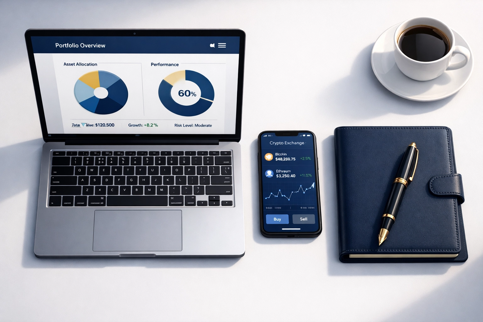 Professional workspace with Bitcoin portfolio dashboard for institutional investors