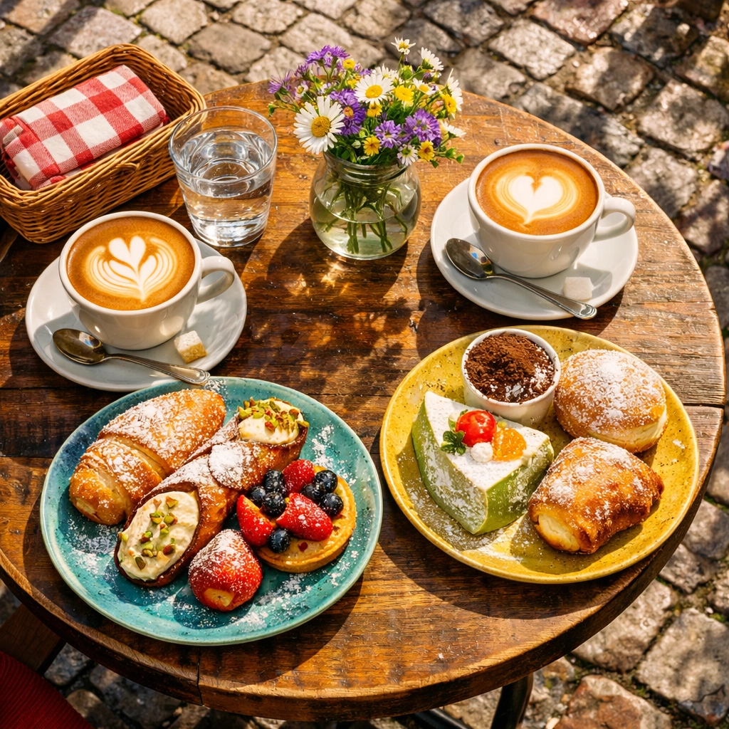 Authentic European café table set for two with pastries and coffee for romantic dining experience