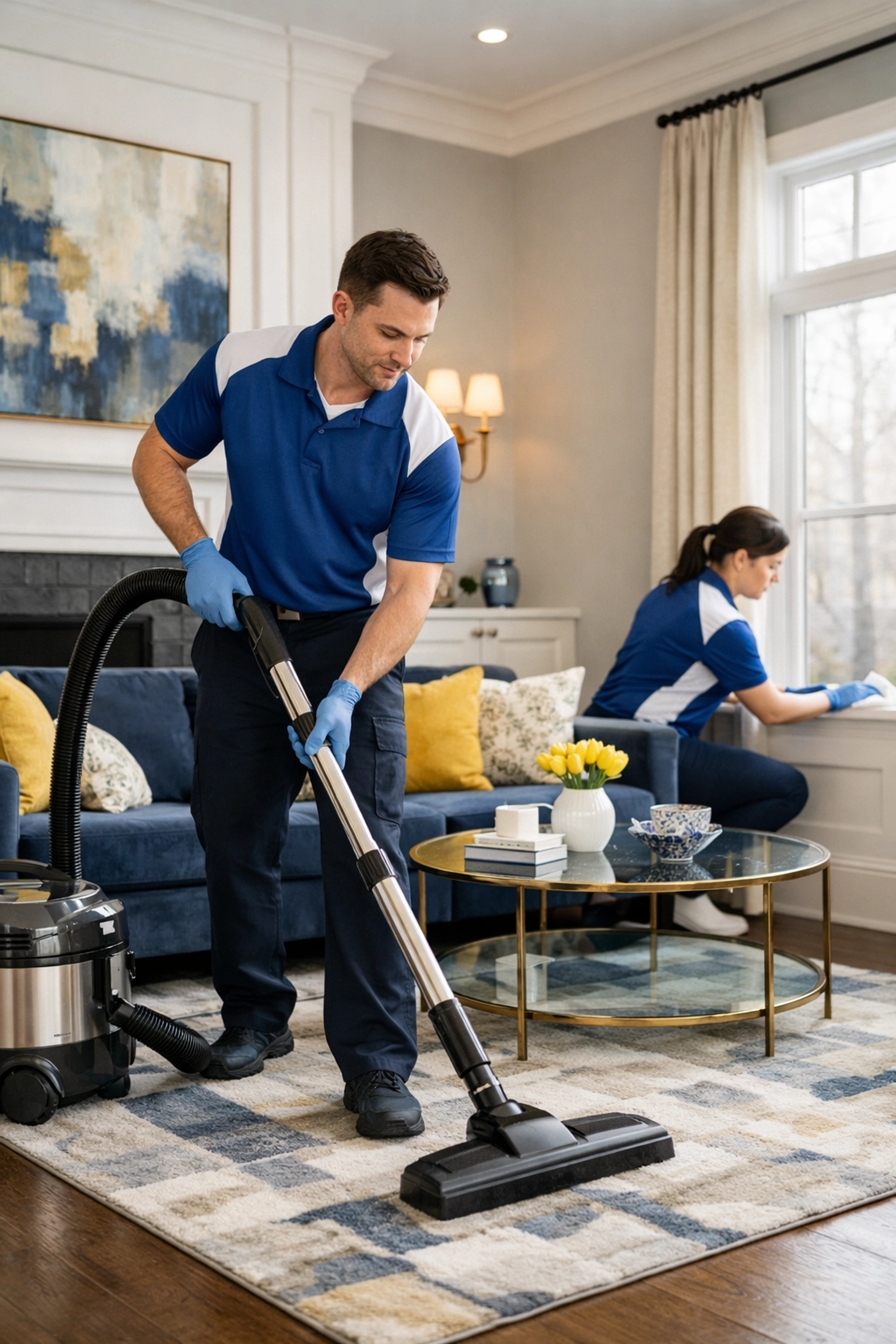 Professional cleaners performing a detailed move-in/move-out cleaning Lowell in a modern living room.