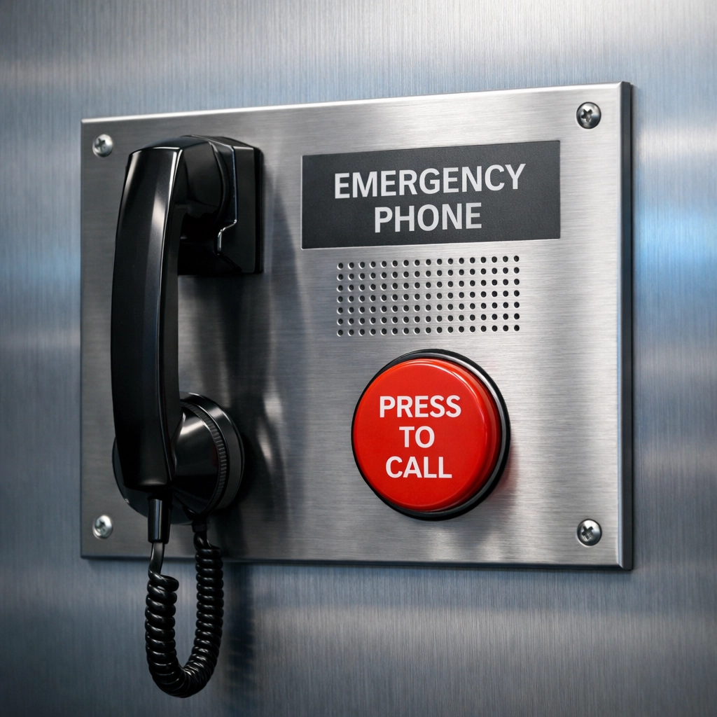 Elevator emergency phone panel with red call button requiring POTS replacement for code compliance