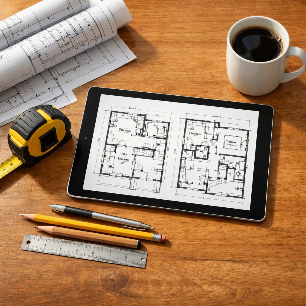 Home renovation planning materials including blueprints and measuring tape on table