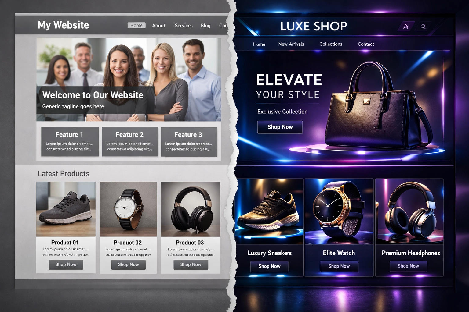 Before and after comparison of generic template versus custom tailored e-commerce website design