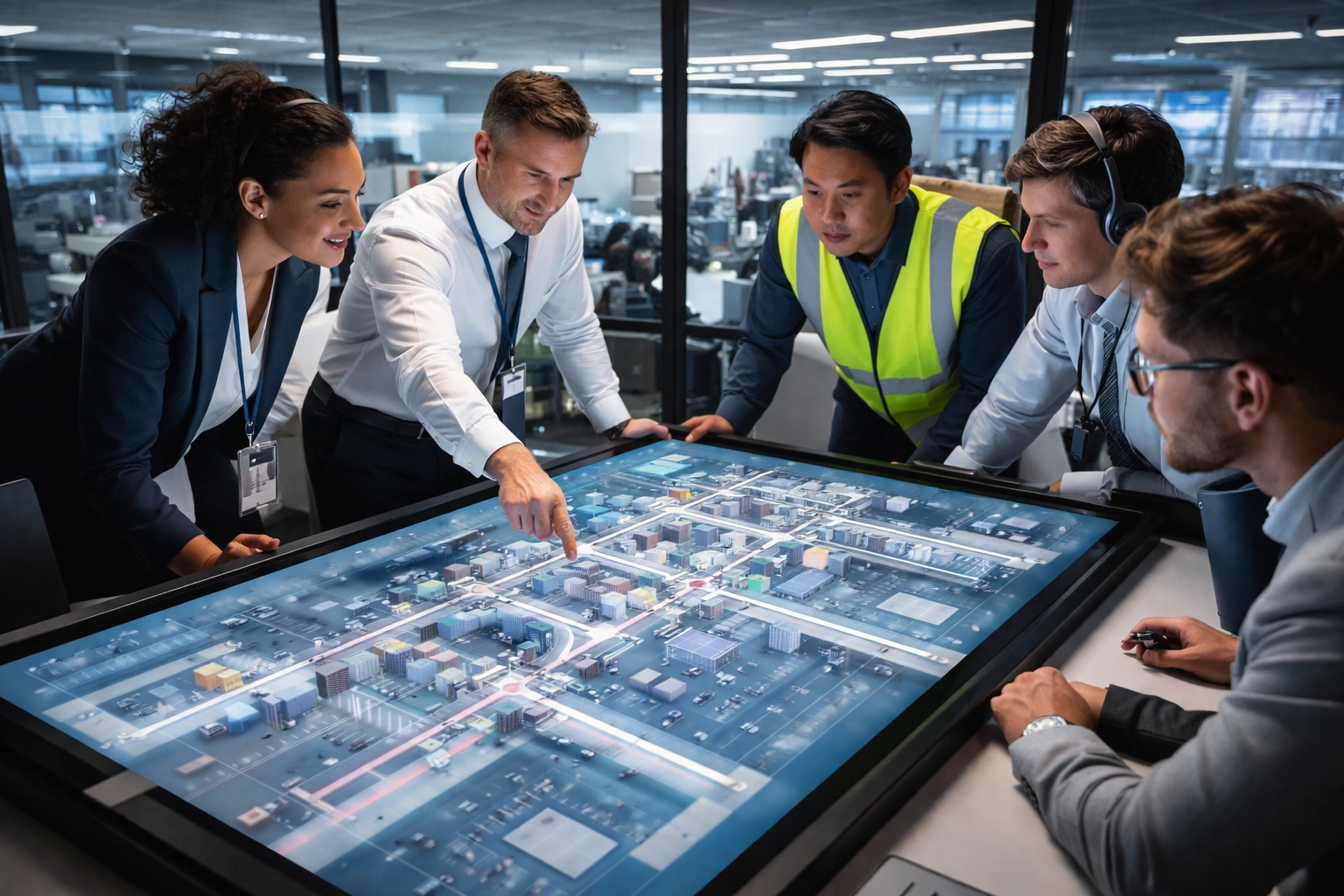 Airport operations team collaborating around digital twin simulation display
