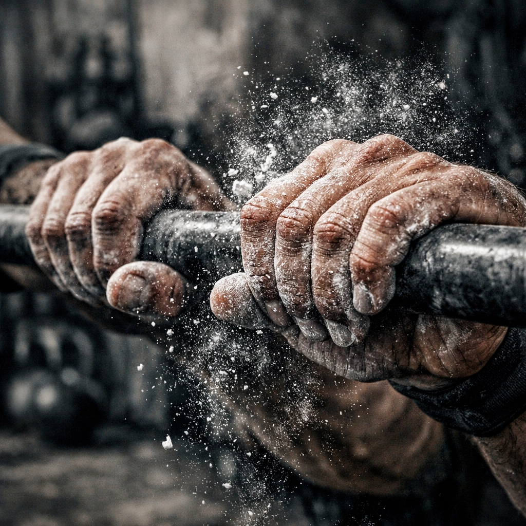 Close-up of chalked hands on a pull up bar alternative part of a no wall damage workout system.