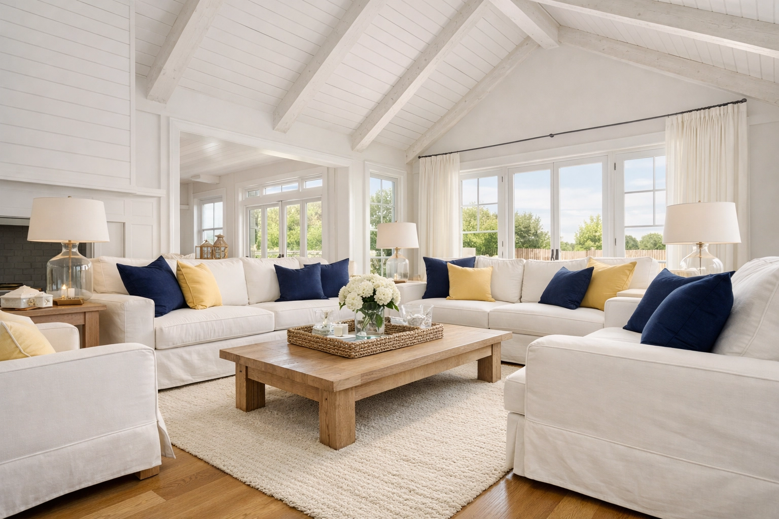 Pristine Nantucket living room with white sofas and vaulted ceilings after professional residential cleaning.