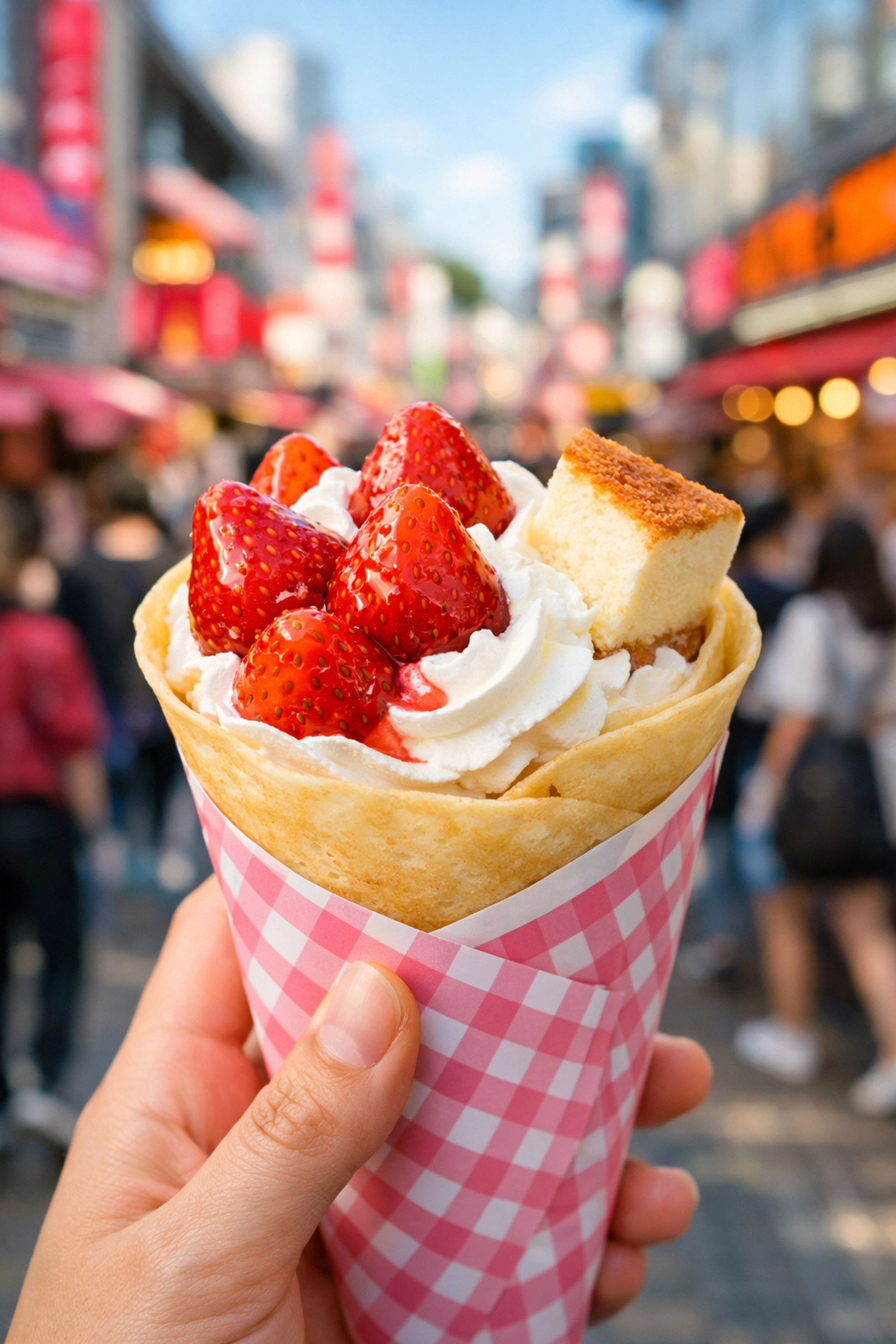 7 Mistakes You’re Making With Tokyo Food (And How to Fix Your Inner Foodie) 2 Vibrant strawberry dessert crepe on Takeshita Street, a staple of Harajuku street food in Tokyo.