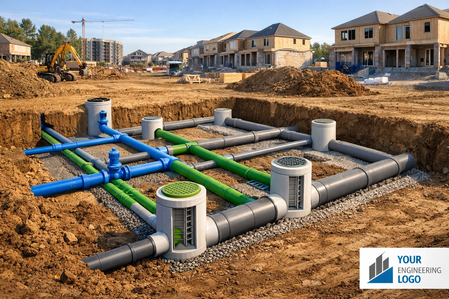 Integrated site servicing plan showing underground water, sanitary, and storm pipes at a GTA construction site.