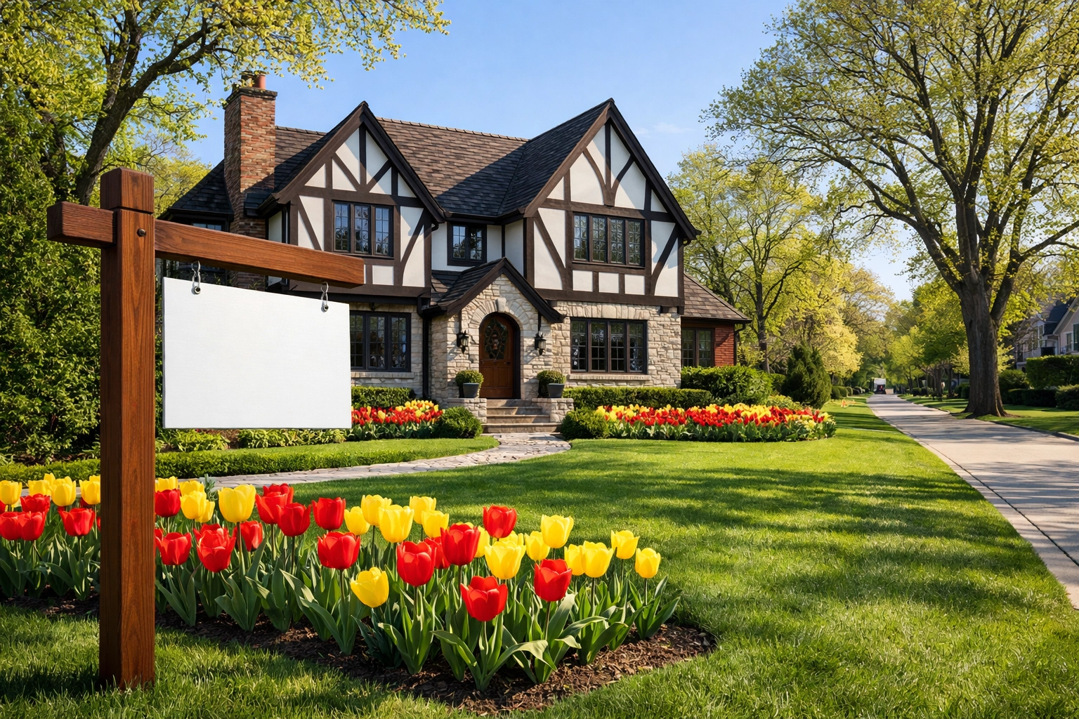 Luxury North Shore Chicago real estate listing featuring a Tudor home during the spring selling season.