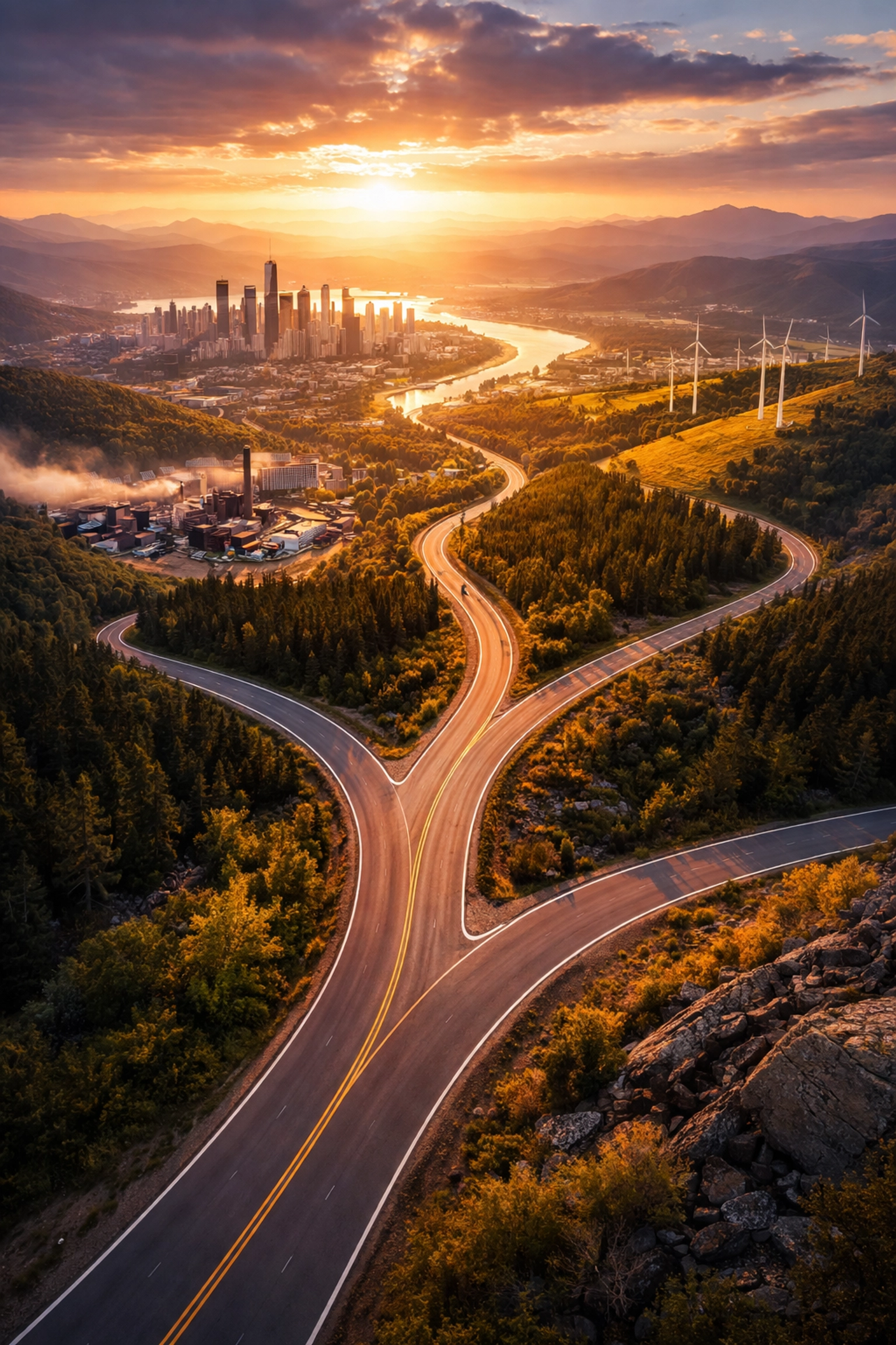 A winding mountain road branching toward city, industry, and energy, symbolizing investment diversification