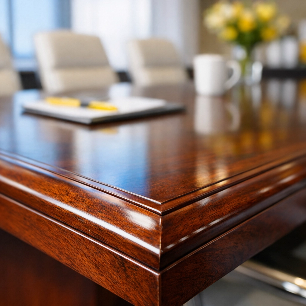Pristine boardroom table representing high-quality janitorial services and commercial cleaning in Boston.