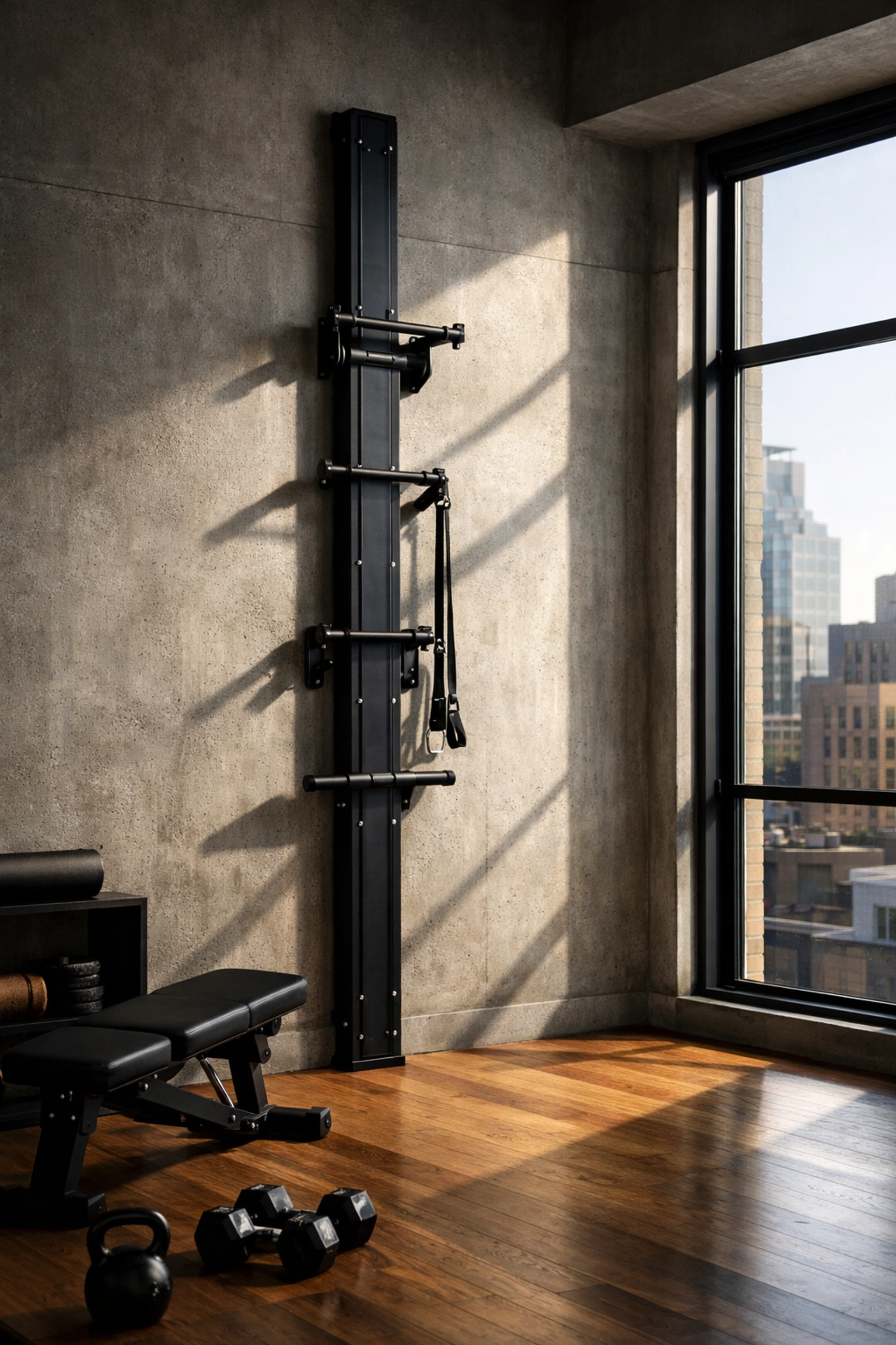 Sleek floor to ceiling gym rail in a minimalist loft, providing a versatile home gym setup.