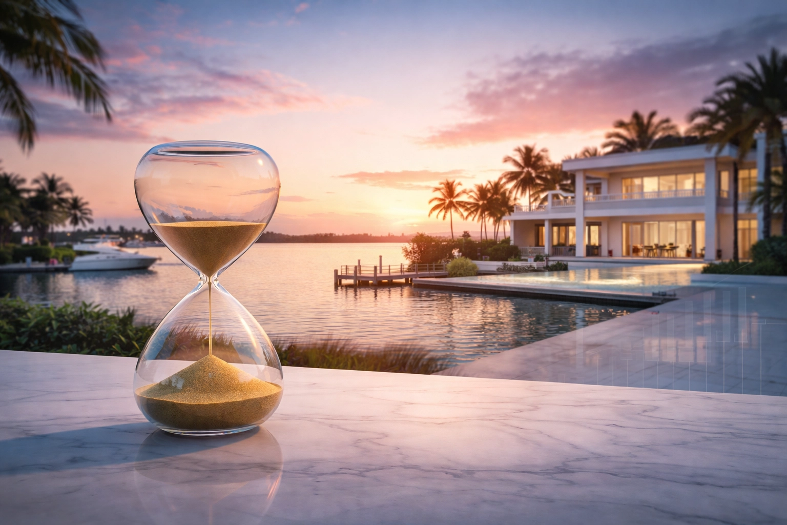 Luxury Florida waterfront estate with hourglass at sunset, illustrating estate tax planning deadlines for Martin County families