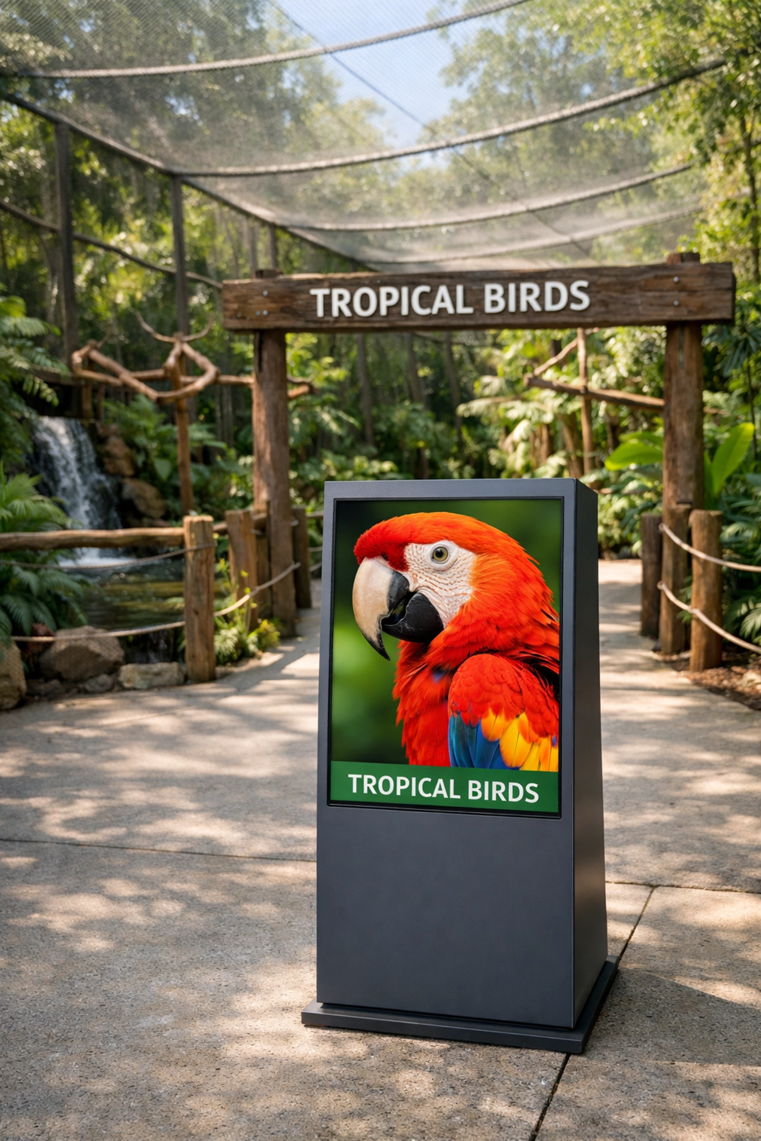 Professional zoo exhibit signage featuring a scarlet macaw to boost visitor engagement.