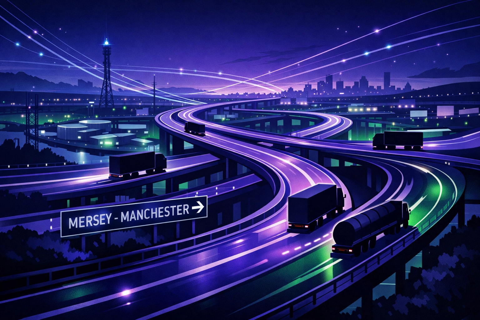 Illustration of North West logistics routes for HGV driver jobs in Liverpool and Manchester.
