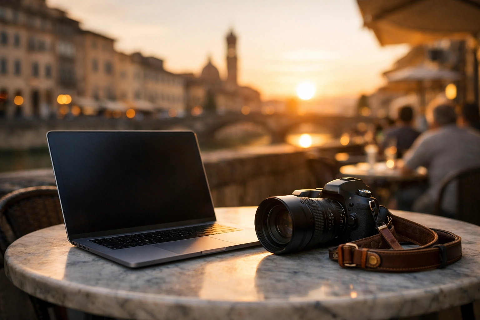 Professional travel photographer managing photography bookings and gear at a scenic outdoor cafe.