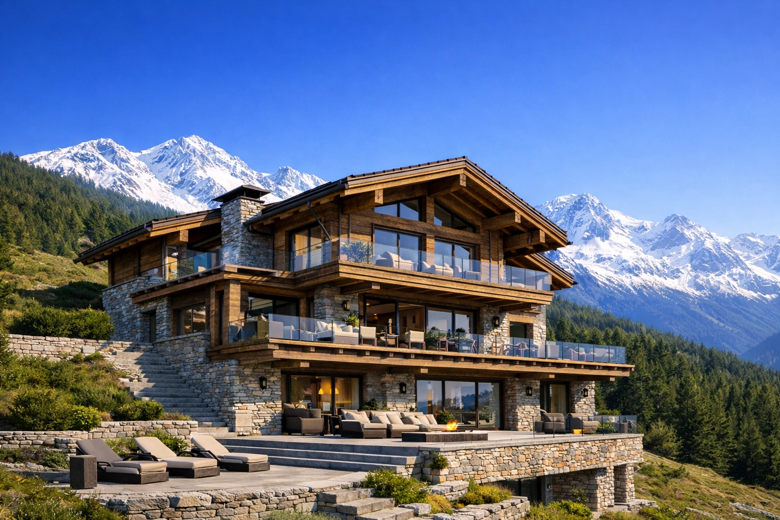 Chalet de luxe contemporain à Verbier respectant les normes architecturales alpines valaisannes.