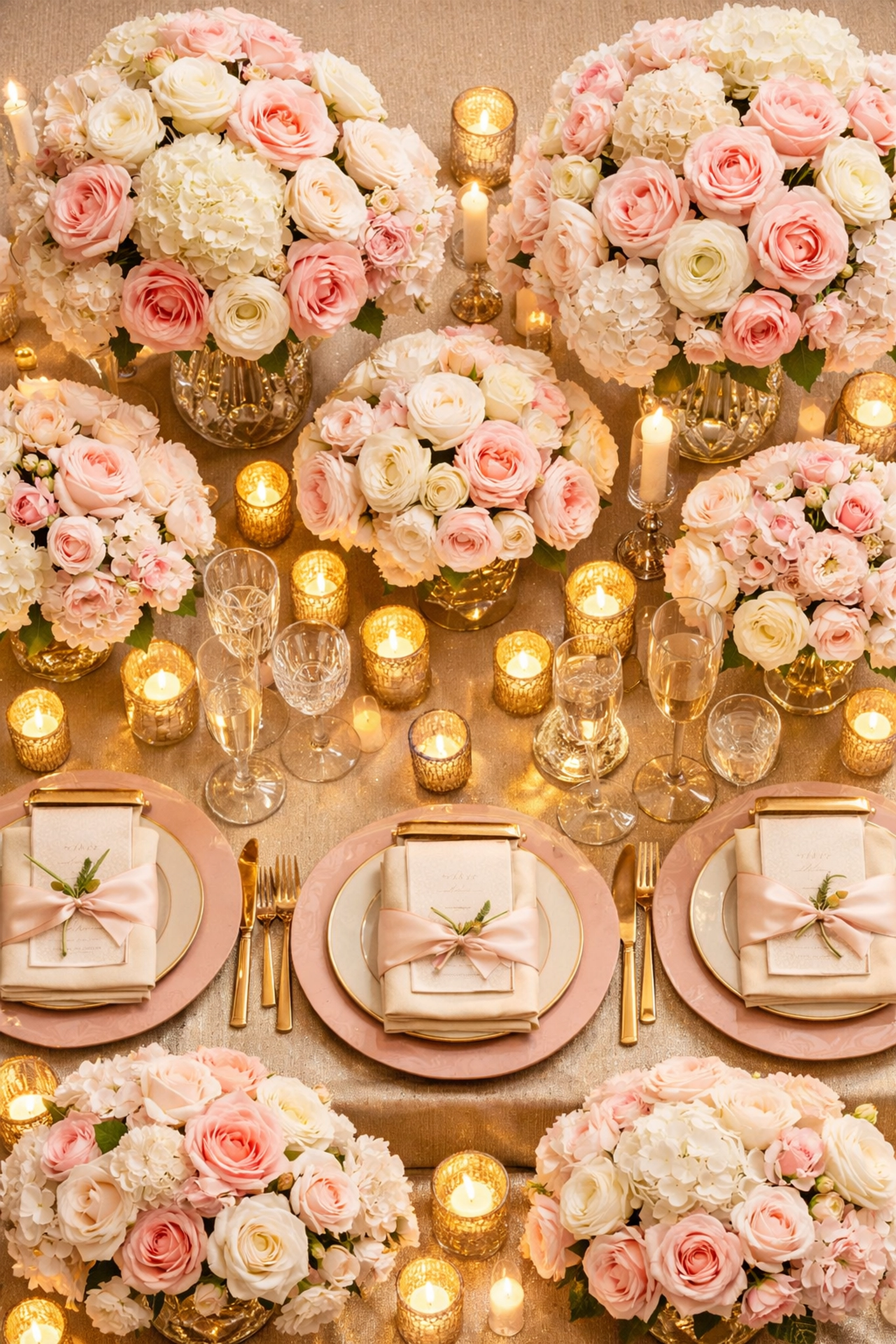 Luxury penthouse party table with romantic floral centerpieces and elegant champagne-colored decor