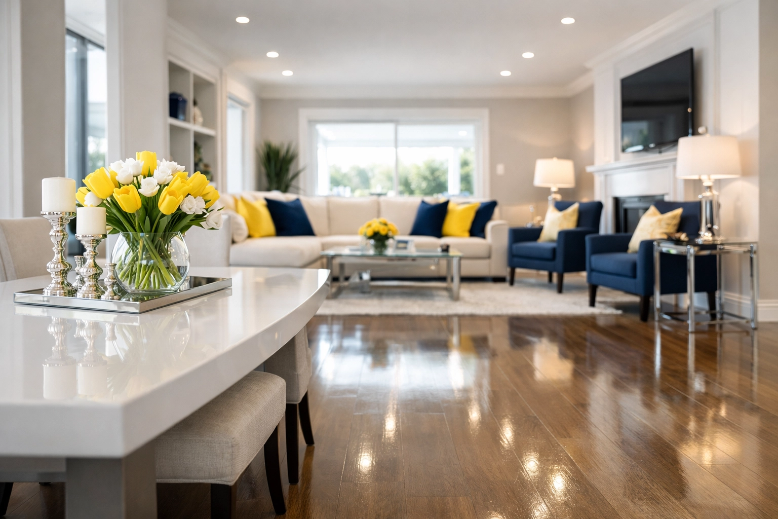 Pristine open-concept living space with gleaming floors from a professional deep cleaning in Marlborough.