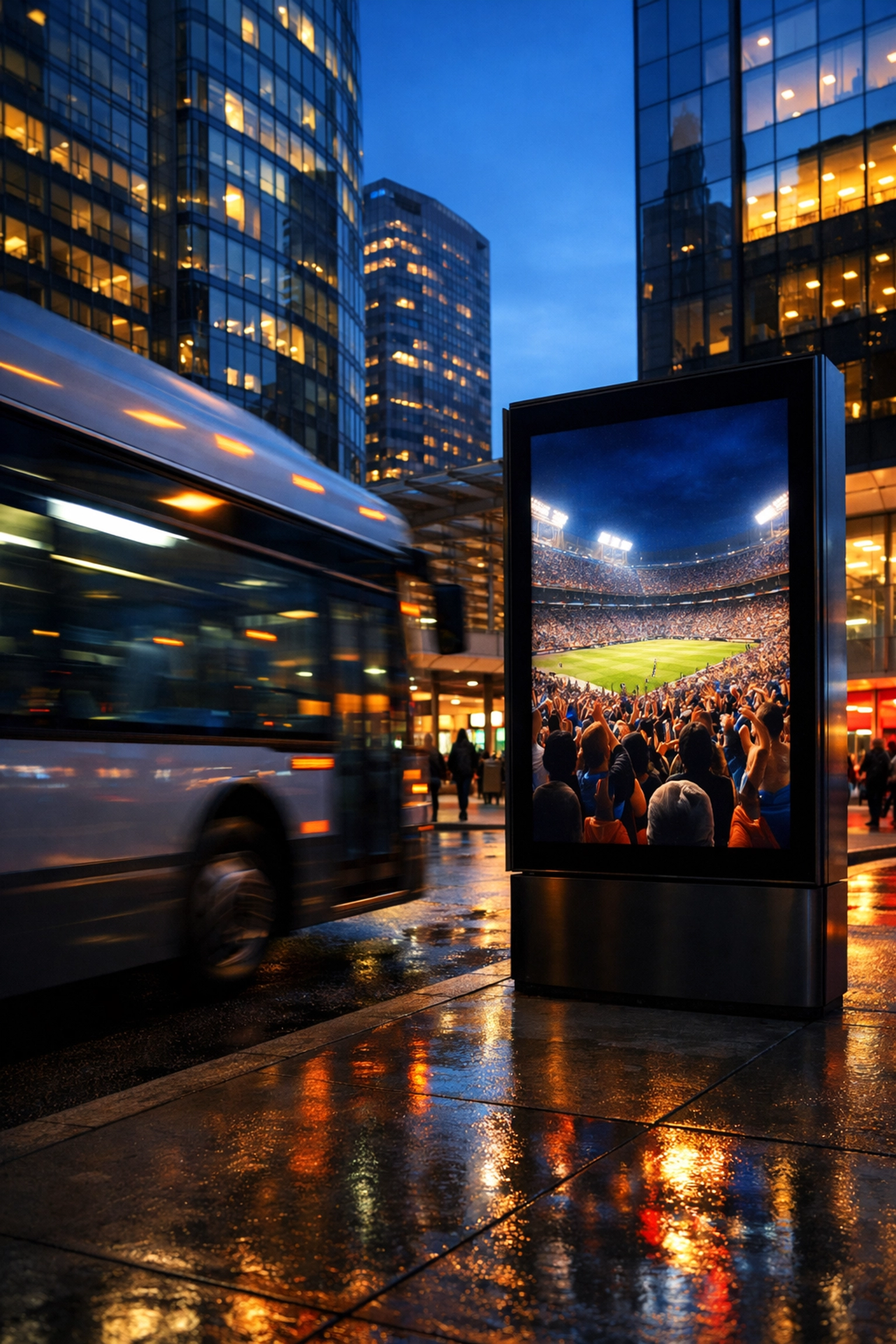 Digital signage and transportation advertising in a bustling city hub showcasing Dakdan’s global media reach.