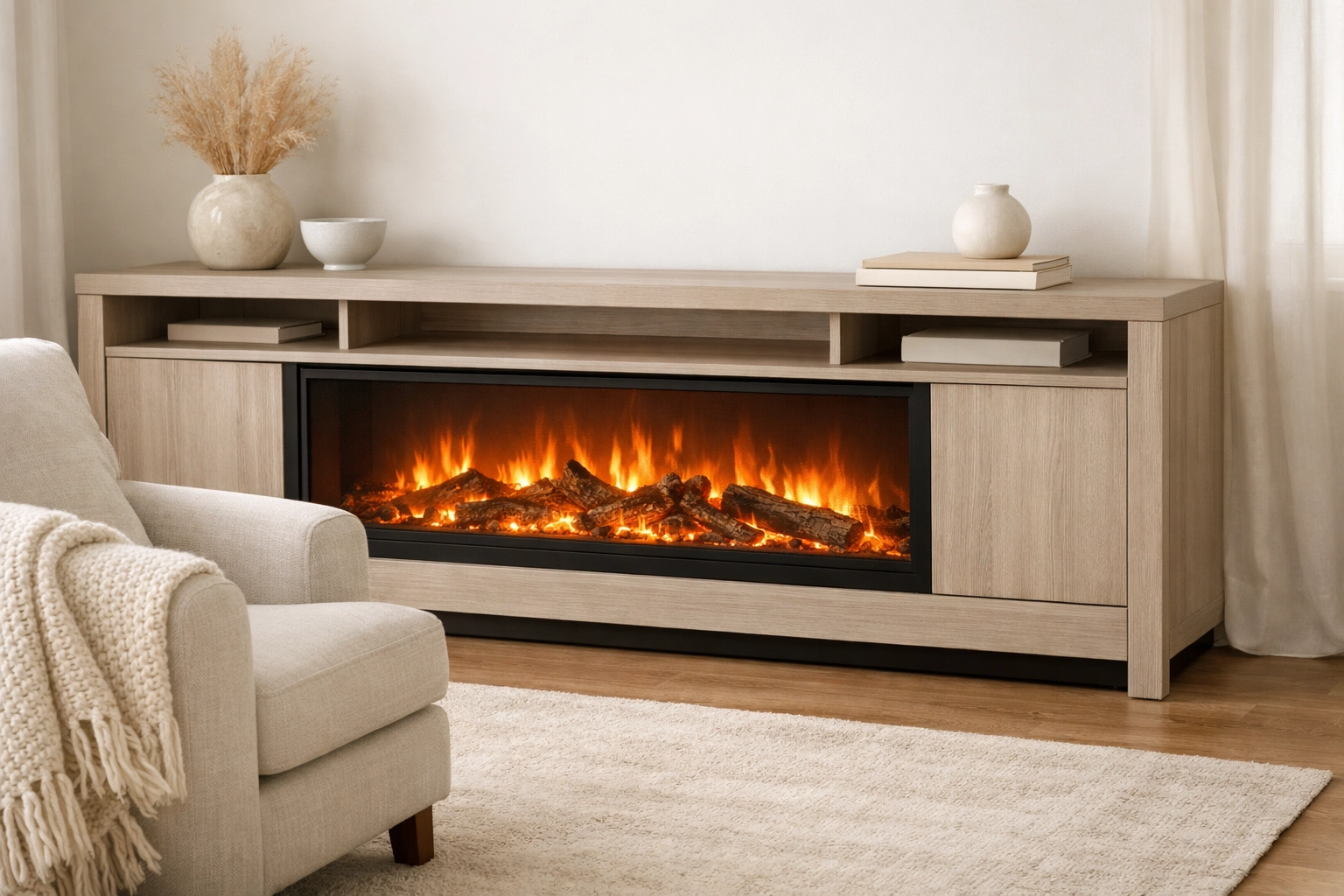 Cozy electric fireplace console with realistic flames for a modern home renovation look.