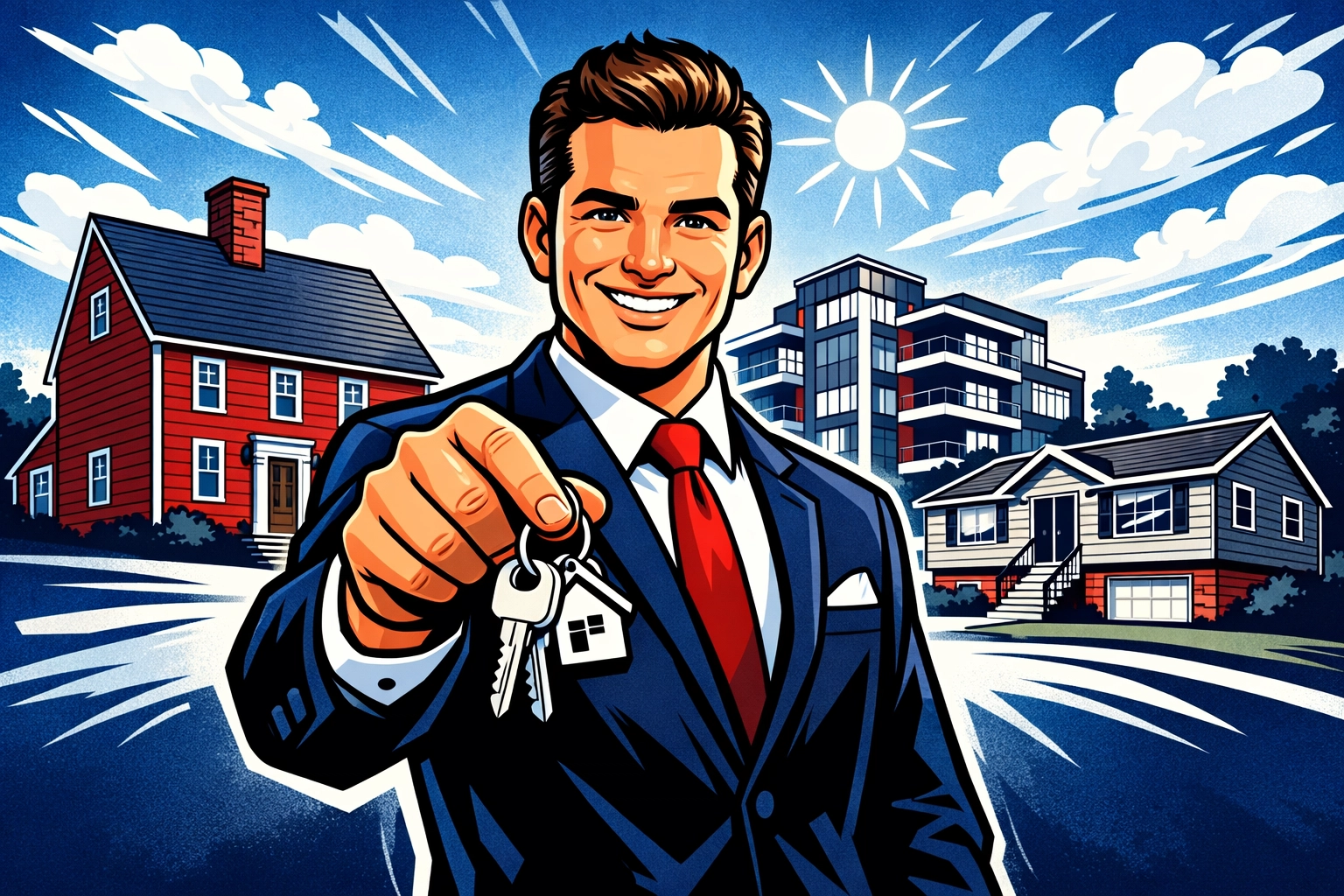 Real estate expert holding keys in front of homes for sale in Glastonbury and Hartford County CT.