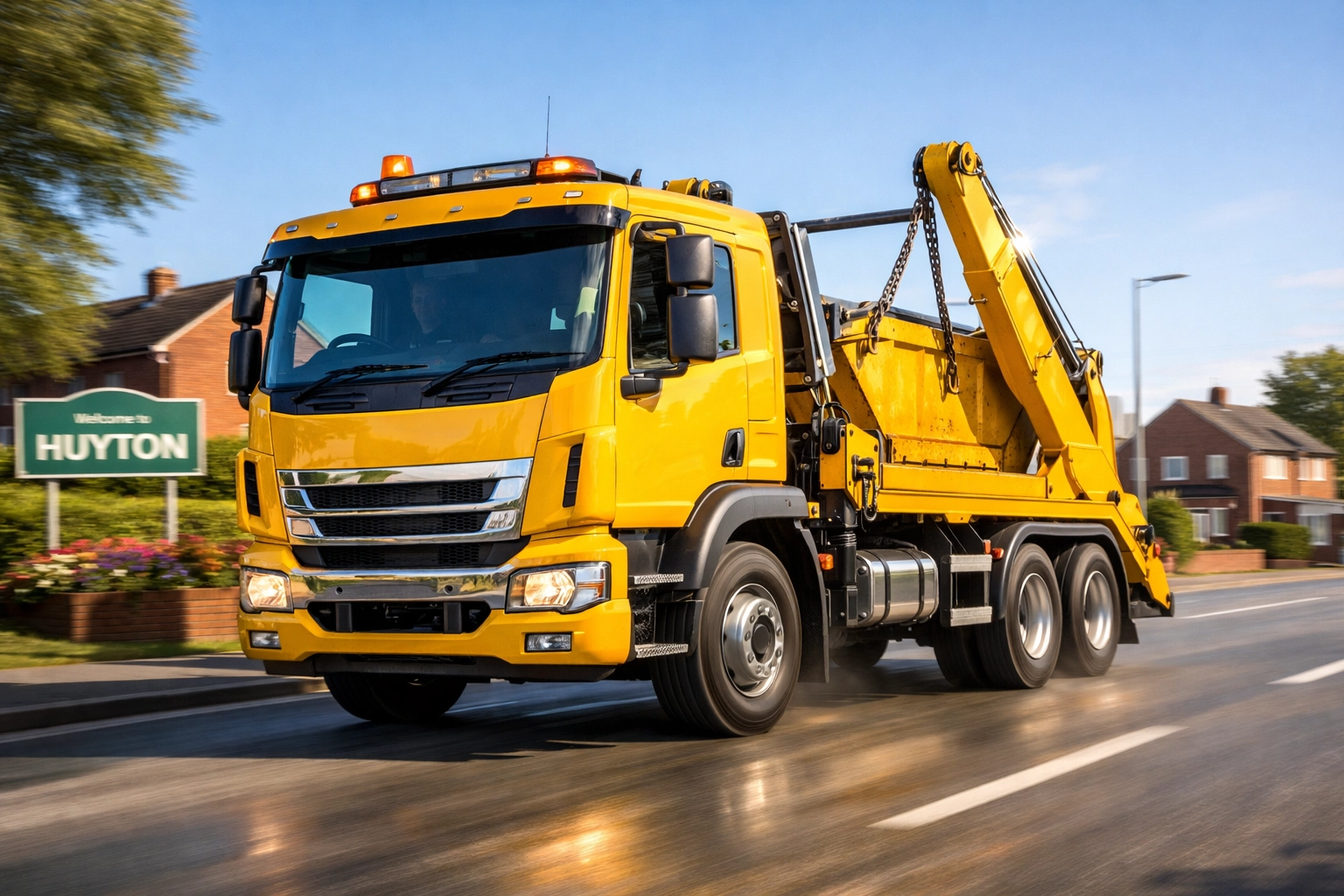 A BSM Group skip loader truck delivering a yellow skip for a project in Huyton.