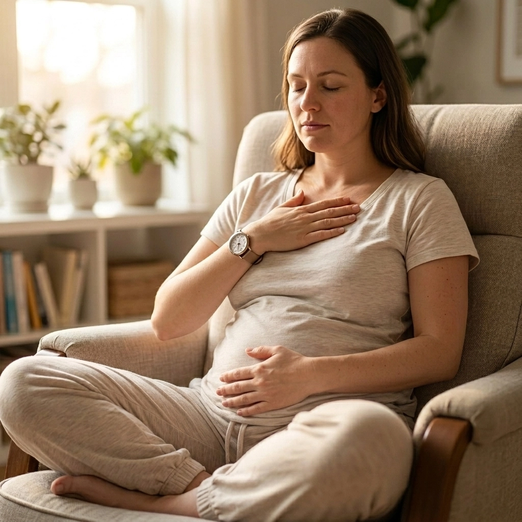 Postpartum mother practicing diaphragmatic breathing for nervous system regulation