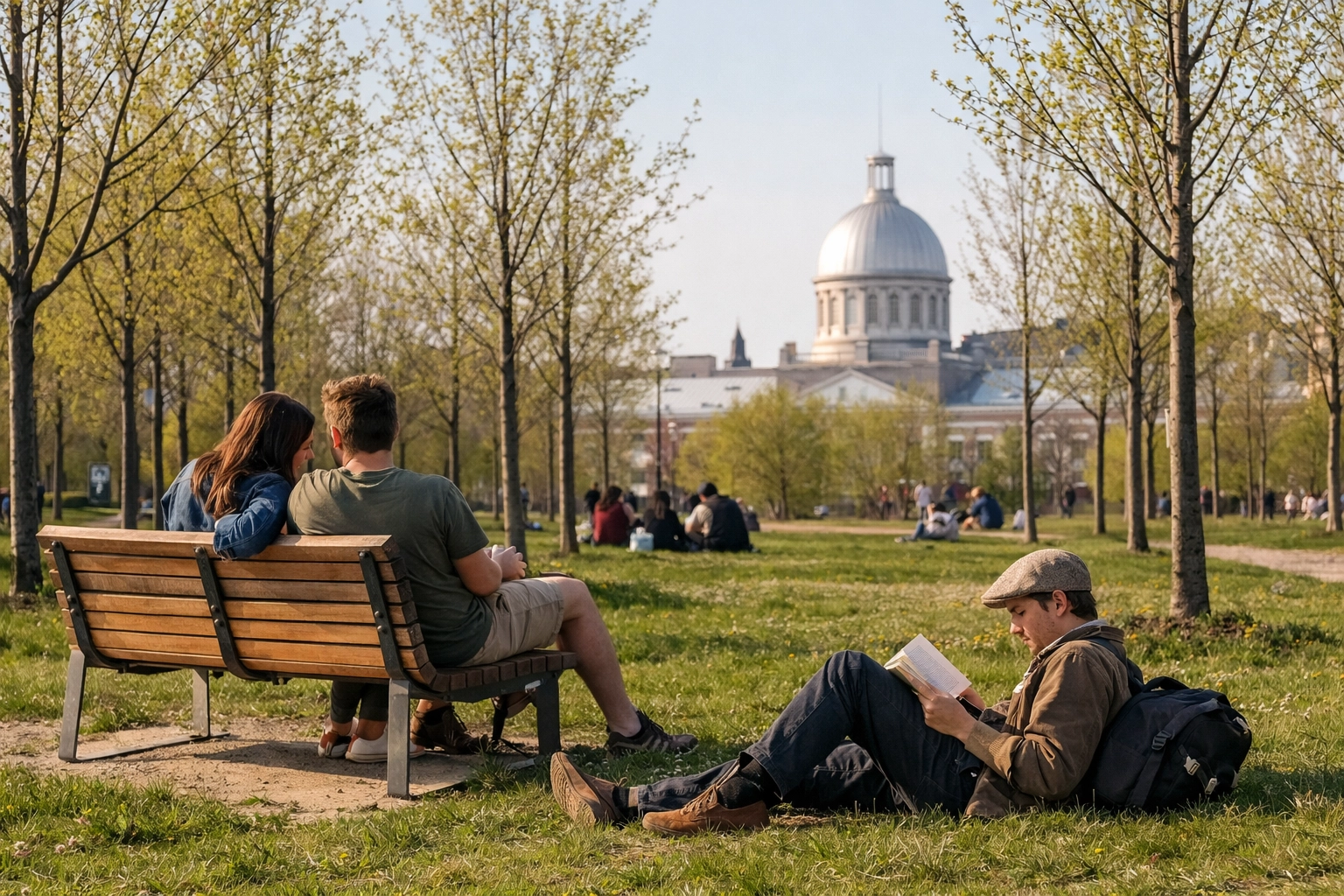 People enjoying the spring weather at Place des Montréalaises urban meadow in historic Old Montreal.