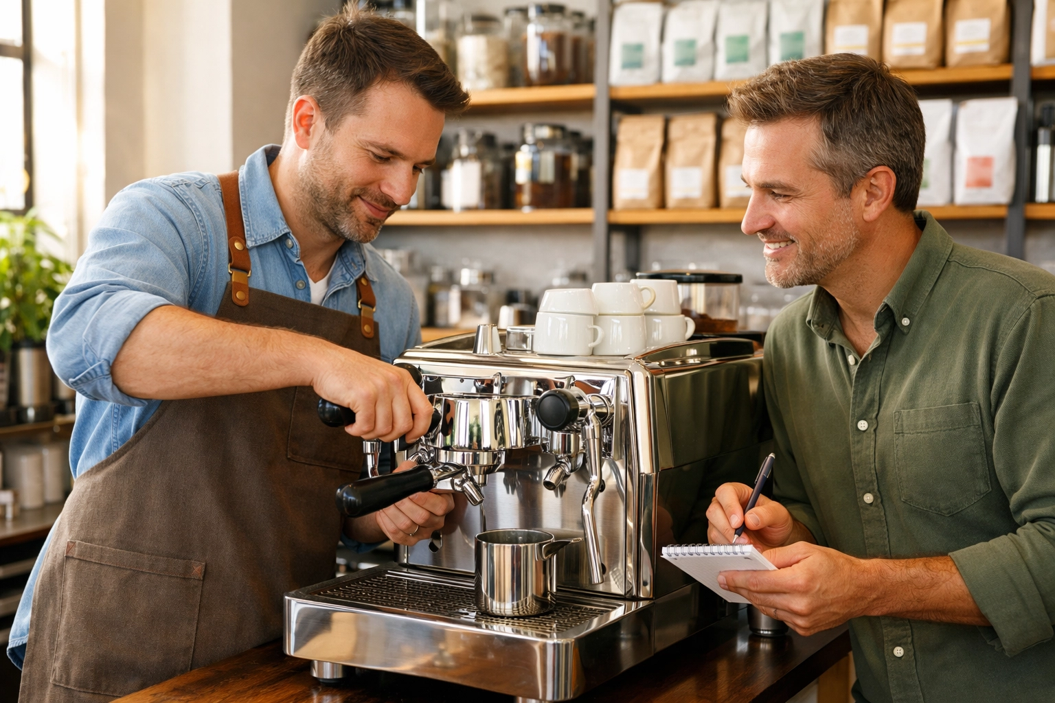 Professional barista trainer teaching espresso extraction techniques to new coffee shop owner