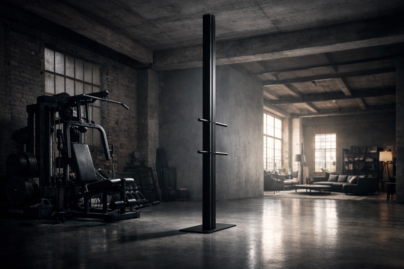 Sleek floor to ceiling gym rail in a modern loft replacing bulky home gym equipment.