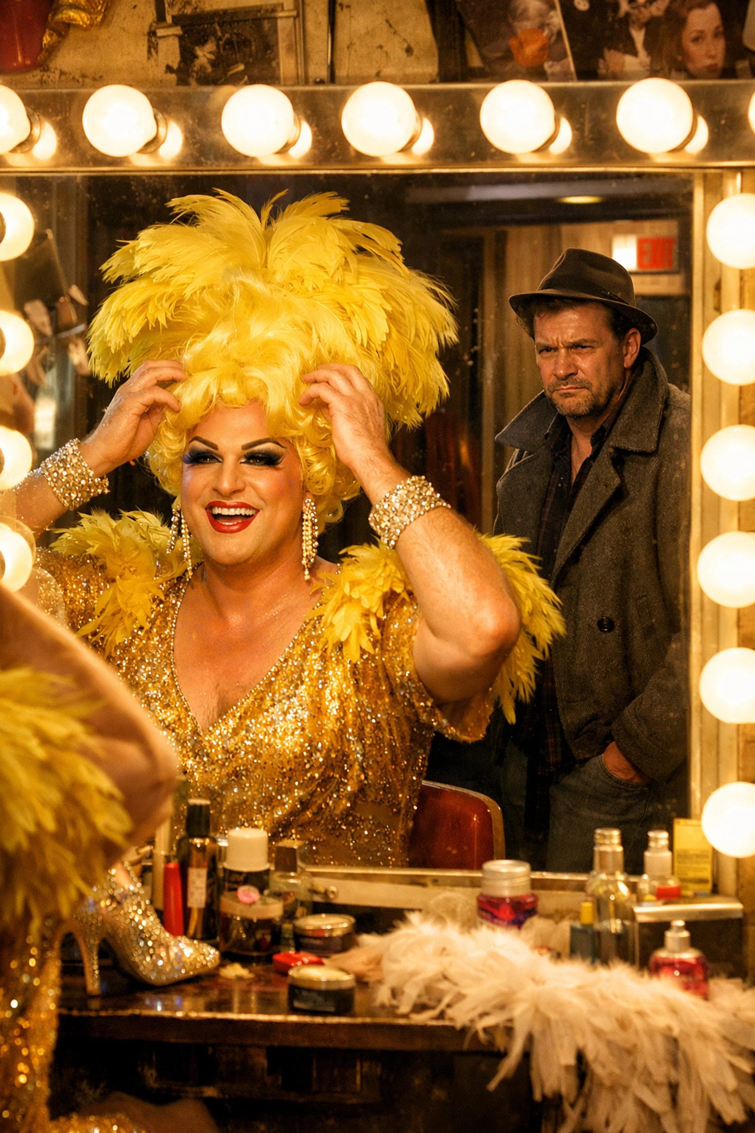 A flamboyant drag performer and stoic man in a 1950s Sydney dressing room, embodying the grumpy x sunshine trope.