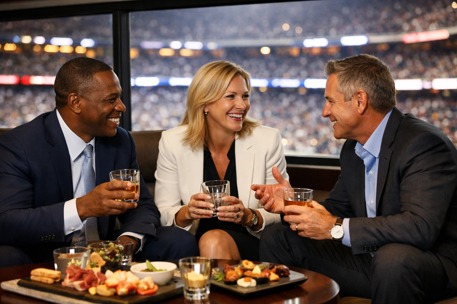 Business executives networking in a luxury stadium box during the Super Bowl to close million-dollar deals.