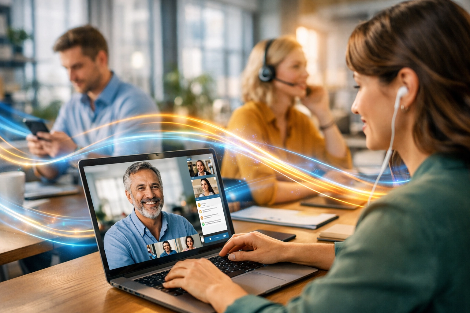 A modern workspace showing unified communications including video calls and mobile business messaging.