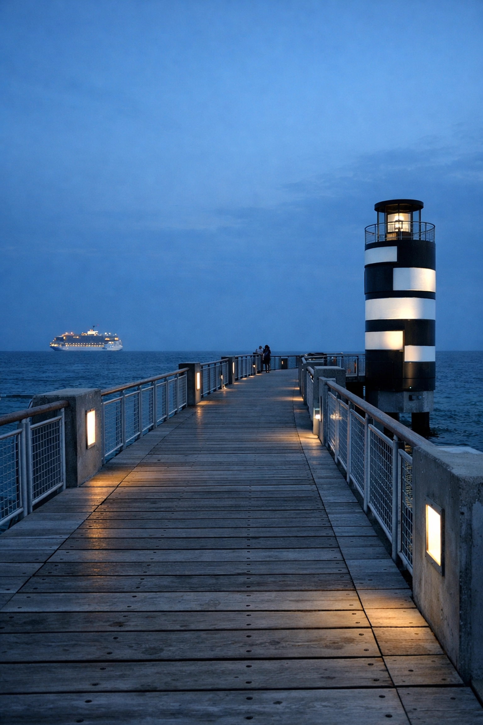 Sunset at South Pointe Park Pier in Miami Beach with the lighthouse and Atlantic Ocean horizon.