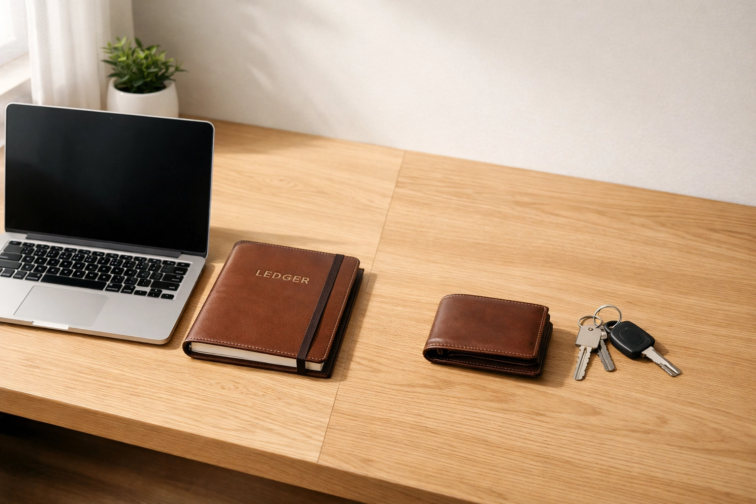 Organized desk with business ledger and house keys representing clear separation of finances for a bank statement loan.