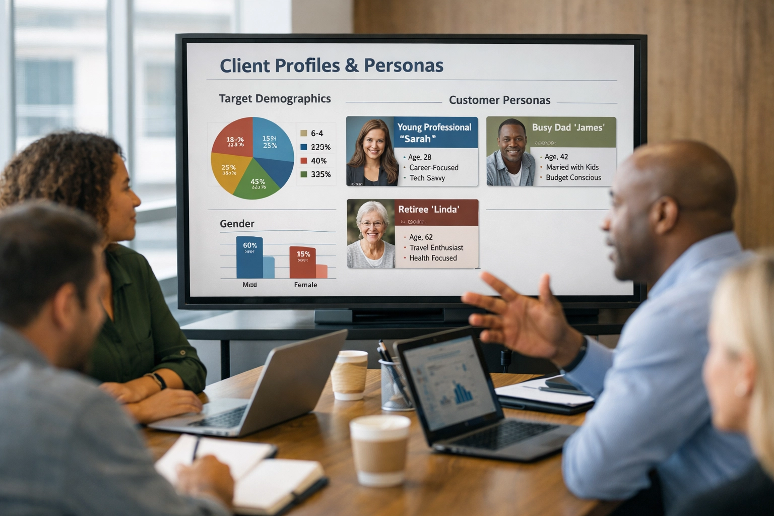 MSP marketing team reviewing ideal client profiles and customer data in conference room